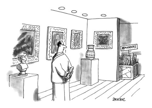 A man looking at art in a gallery notices a box hidden in a dark corner labeled "Remainders".