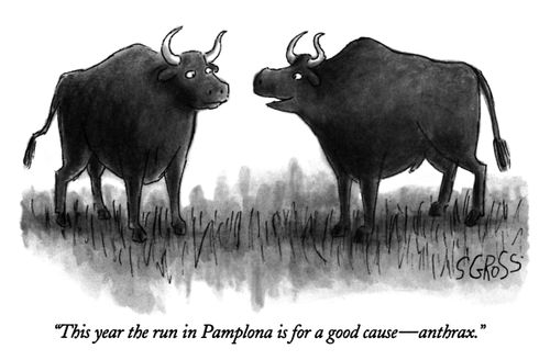 "This year the run in Pamplona is for a good cause—anthrax."