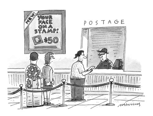 People wait in line at the post office; a poster on the wall advertises "New! You face on a stamp! $50".