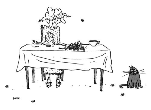 A women flinging grapes into a teacup using a spoon as a catapult.
