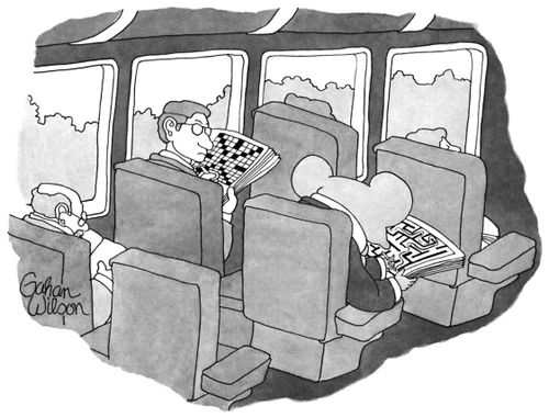 Man doing a crossword puzzle noticing a rat doing a maze puzzle