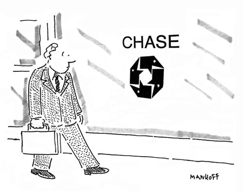 A man notices the Chase logo has turned into snakes eating themselves."