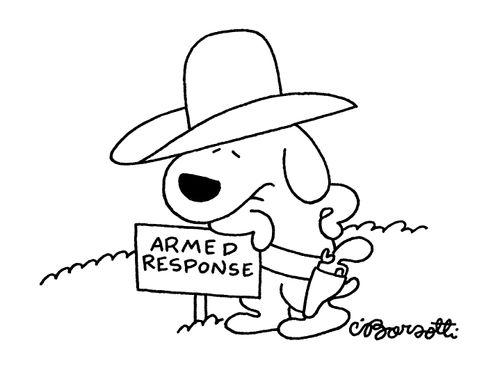 A dog dressed as a cowboy leans against a sign that reads "Armed response".