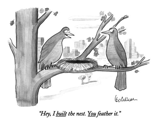 "Hey, I built the nest. You feather it."