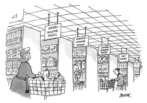 Supermarket with different aisle of food separated by a shopper's income.