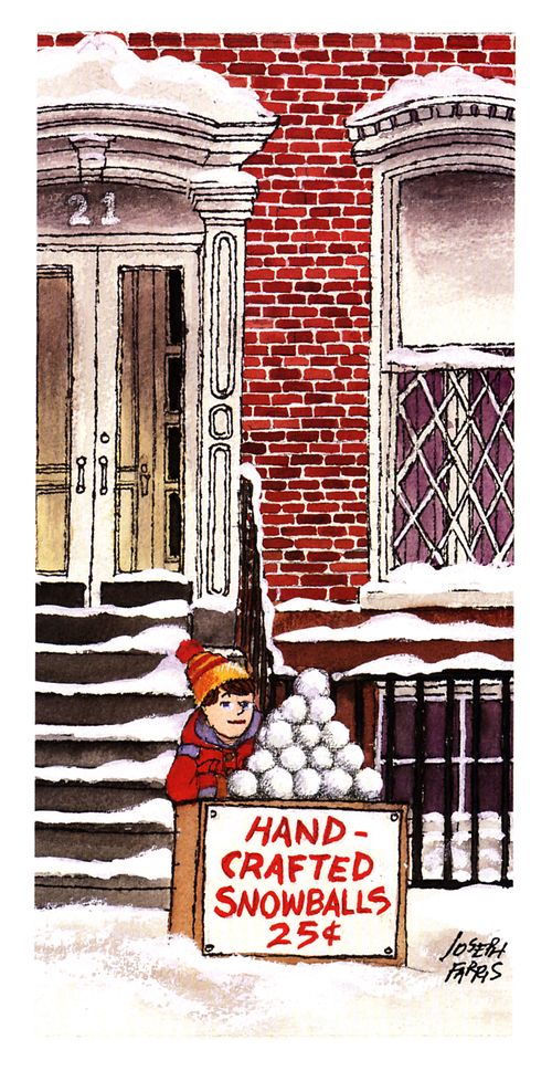 A child stands behind a stand piled high with snowballs and a sign that reads "Hand-crafted snowballs 25¢". 