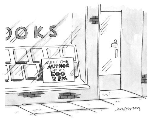 A sign in the window of a bookstore reads "Meet the Author and his Ego 2 P.M."