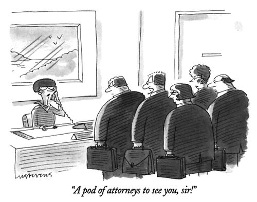 "A pod of attorneys to see you, sir!"