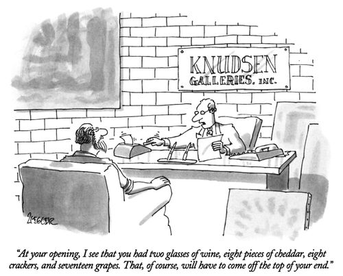 "At your opening, I see that you had two glasses of wine, eight pieces of cheddar, eight crackers, and seventeen grapes. That, of course, will have to come off the top of your end."