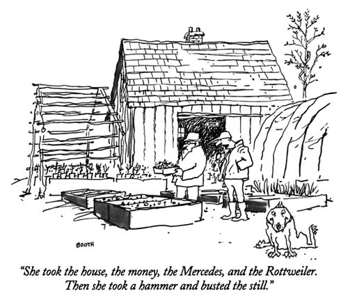 "She took the house, the money, the Mercedes, and the Rottweiler. Then she took a hammer and busted the still."