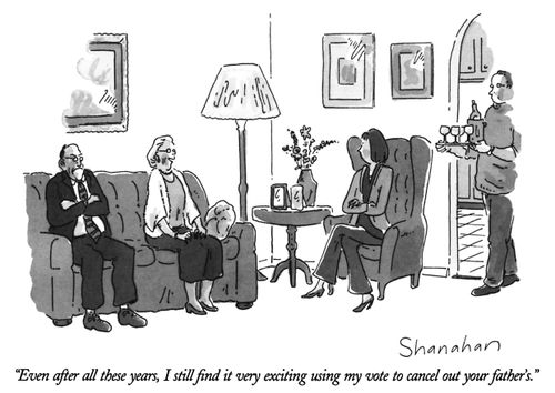 "Even after all these years, I still find it very exciting using my vote to cancel out your father's."