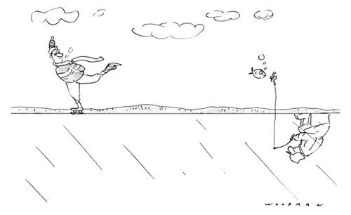 "An ice skater and a fisherman on a frozen lake."