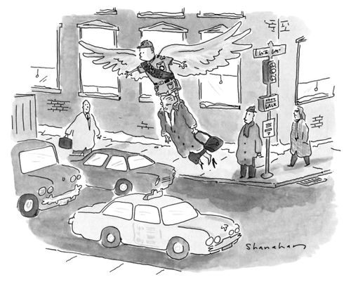 A winged boy scout carries an old lady across the road