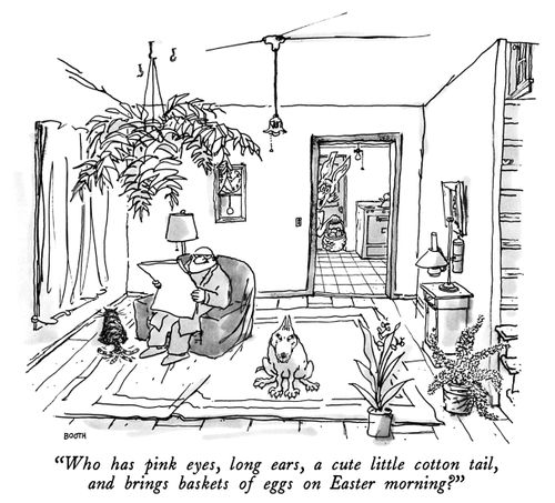 "Who had pink eyes, long ears, a cute little cotton tail and brings baskets of eggs on Easter morning?"