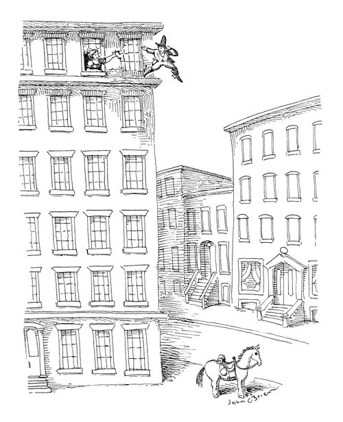 A rake jumps from a window onto a horse