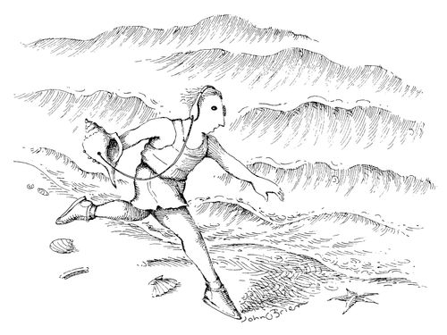 A jogger listens to a conch 