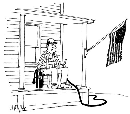 A man sits on his porch with a fire extinguisher