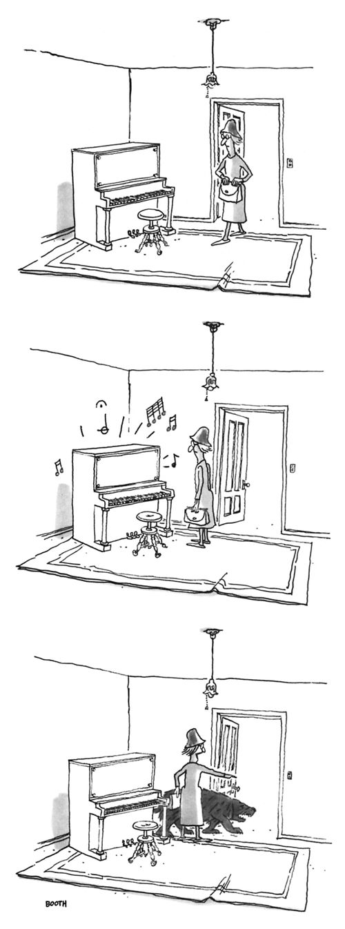 Dog hides behind piano.