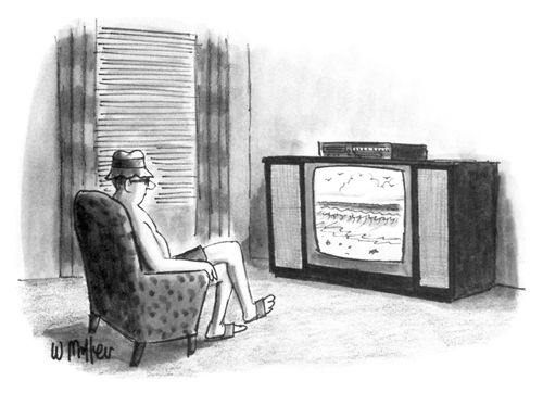Man takes beach vacation at home.