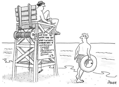 Air temp, water temp, wind, sunburn index, overnight change in the president's approval rating