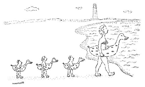 A mother wearing an inflatable duck leads her three children wearing inflatable ducks into the water