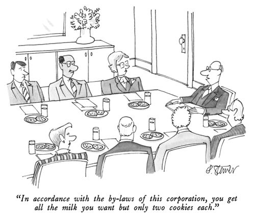 "In accordance with the by-laws of this corporation, you get all the milk you want but only two cookies each."