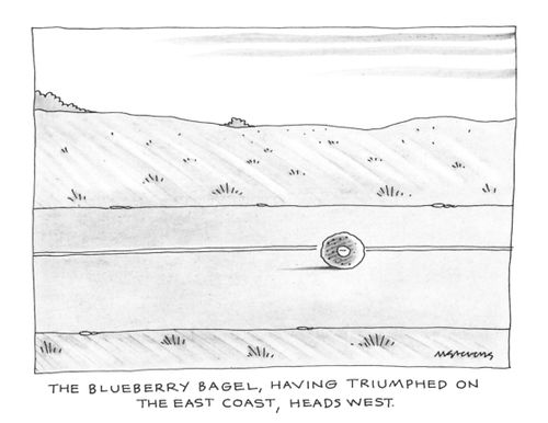 "The Blueberry Bagel, having triumphed on the East Coast, heads West."