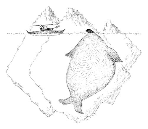 A man hunts a seal with a giant body