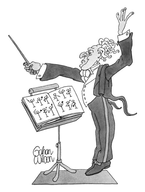 A conductor reads from a picture book.