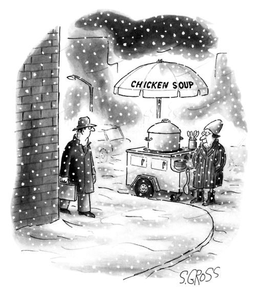 A street vendor sells chicken soup during a snowstorm.