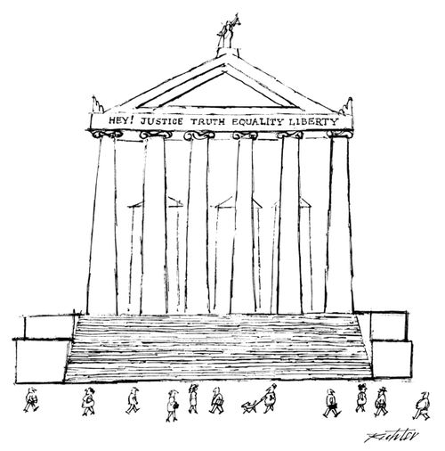 A courthouse that reads "Hey! Justice Truth Equality Liberty".