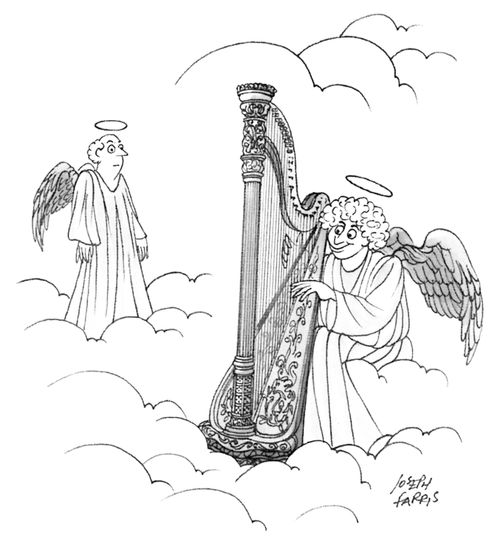 One angel watches as another angel plays the harp.