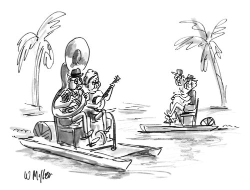 A couple in a pedal boat have a tuba and banjo.