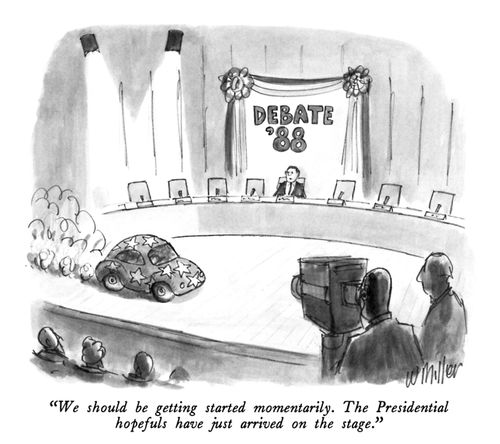 "We should be getting started momentarily. The Presidential hopefuls have just arrived on the stage."