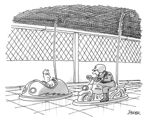 Man in bumper car sees traffic cop on bumper-car style motorcycle