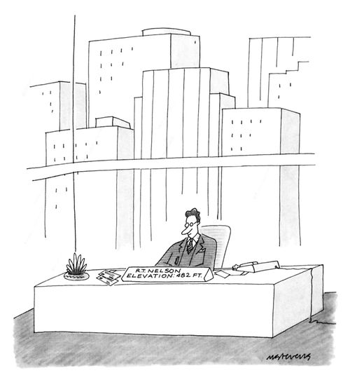 A businessman sits at his desk behind a nameplate that reads "R. T. Nelson - Elevation: 482 ft."