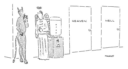 The Devil and an angel talk by the water cooler.