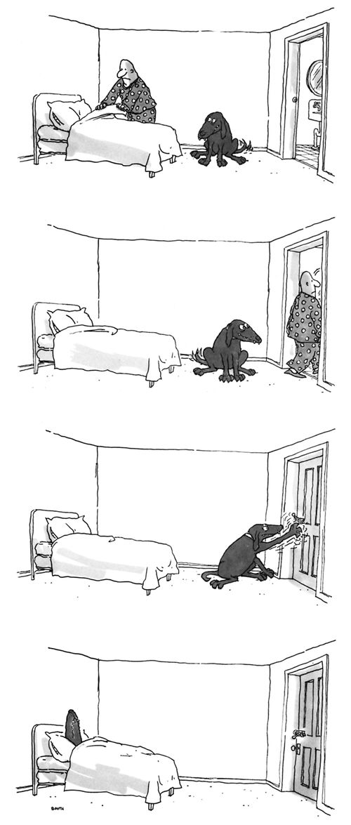 A dog locks a man out and sleeps in his bed.