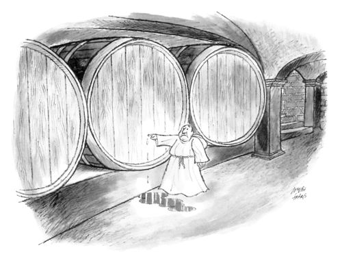 A monk plugs a leaking cask of alcohol with his finger.