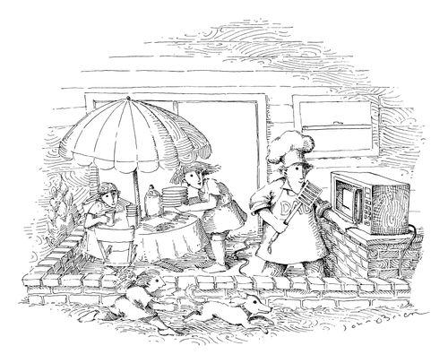 A family gets ready for their microwave meal on the patio.