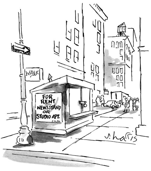 Newsstand with a sign saying "For Rent: Newsstand or Studio Apt."