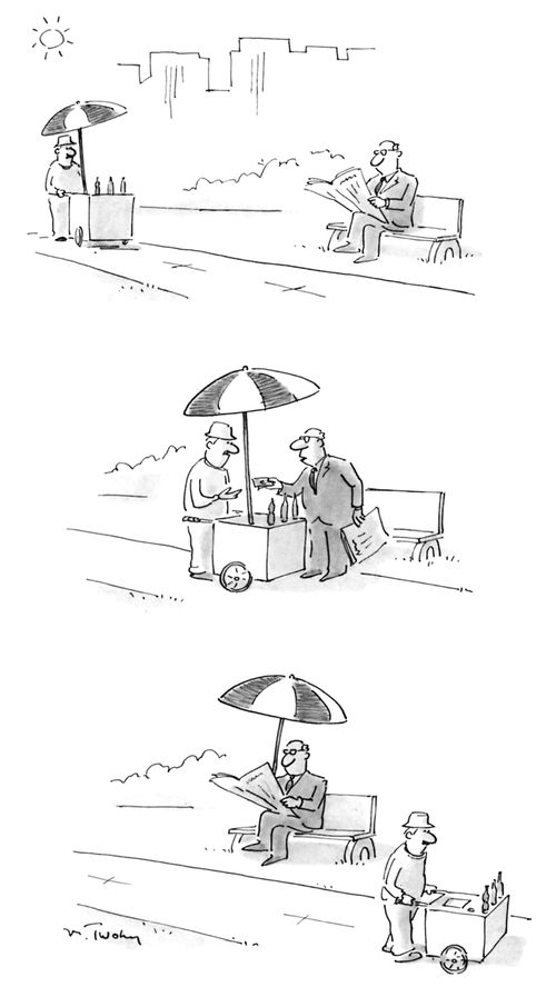 A businessman buys an umbrella from a street vendor.