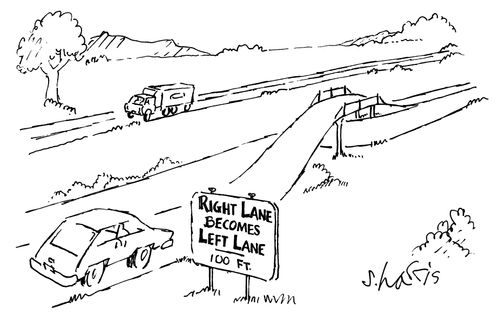 Right lane becomes left lane 100 ft.