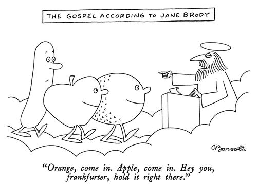 The Gospel According To Jane Brody"Orange, come in. Apple, come in. Hey you, frankfurter, hold it right there."