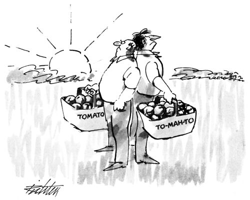Two men stand back to back as the sun rises; one man holds a basket labeled "Tomato" while the other holds a basket labeled "To-mah-to".