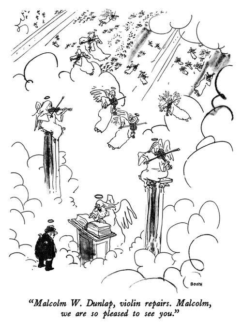 "Malcolm W. Dunlap, violin repairs. Malcolm, we are so pleased to see you."