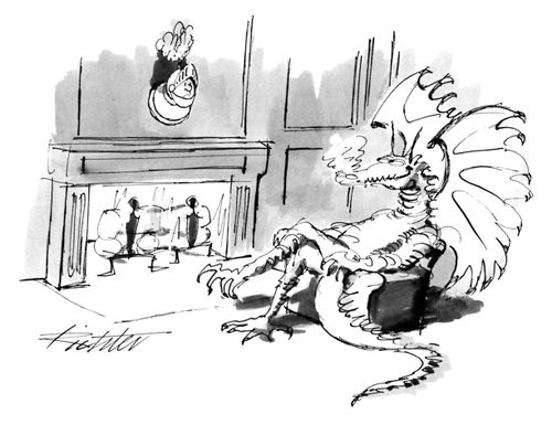 A dragon relaxing in a chair staring at a taxidermy knight's head above his fireplace. 