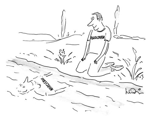 Narcissus looks at his reflection in a pool of water; he is wearing a shirt that reads "Narcissus" written backwards so that he can read it properly in his reflection