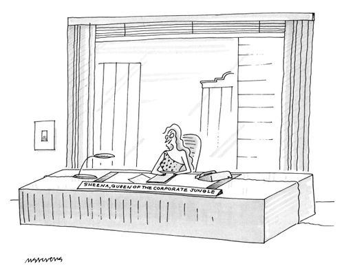 A woman wearing a skin sitting behind a desk with a nameplate that reads "Sheena, Queen of the corporate jungle."