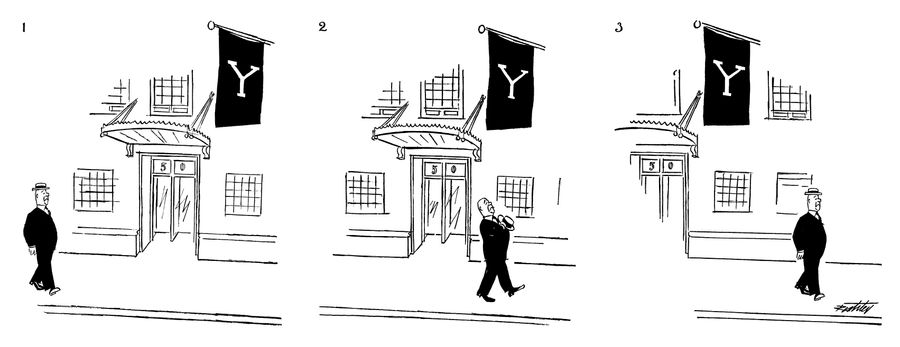 Man walking under the letter 'y'.